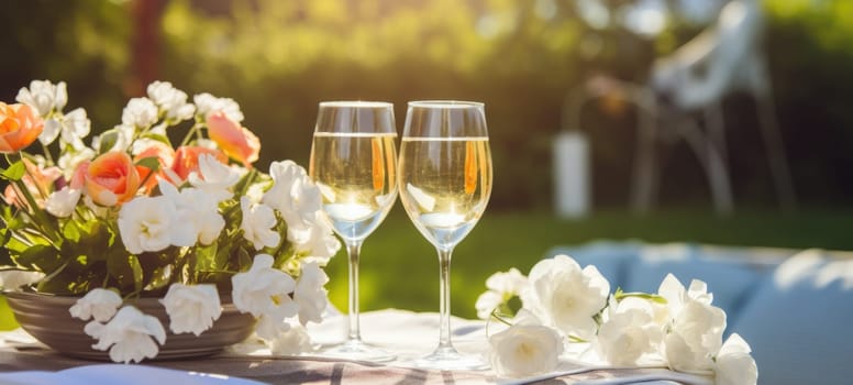 champagne picnic date in the park with flowers, ai