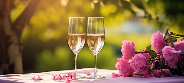 champagne picnic date in the park with pink purple flowers, ai