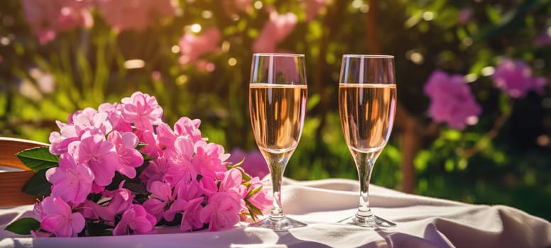 champagne picnic date in the park with pink purple flowers, ai