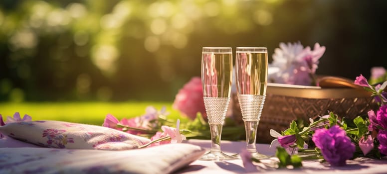 champagne picnic date in the park with pink purple flowers, ai