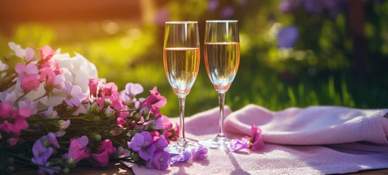 champagne picnic date in the park with pink purple flowers, ai