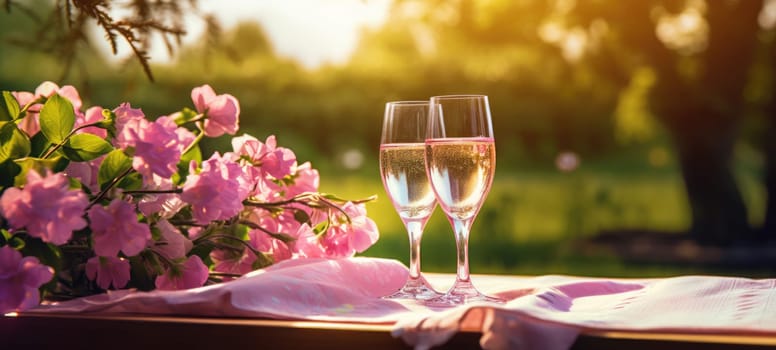 champagne picnic date in the park with pink purple flowers, ai