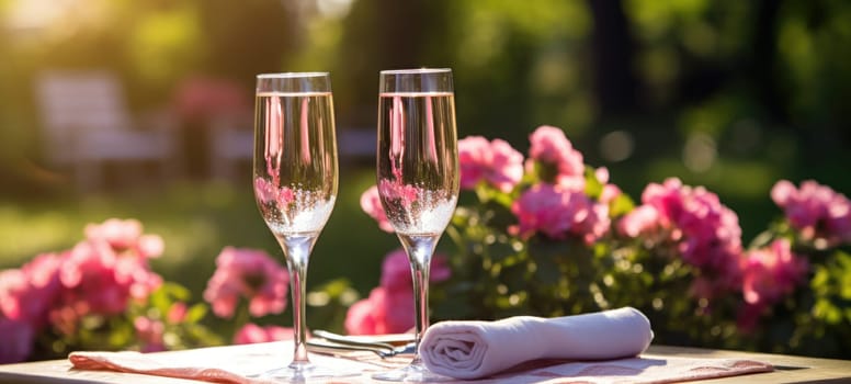 champagne picnic date in the park with pink purple flowers, ai