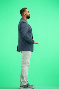 A man, full-length, on a green background.