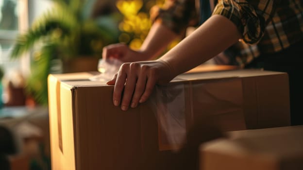 Close up of hands packing a cardboard box in the home office, Online Shopping and delivery concept.