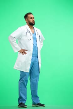 Doctor, full-length, on a green background, hands on hips.