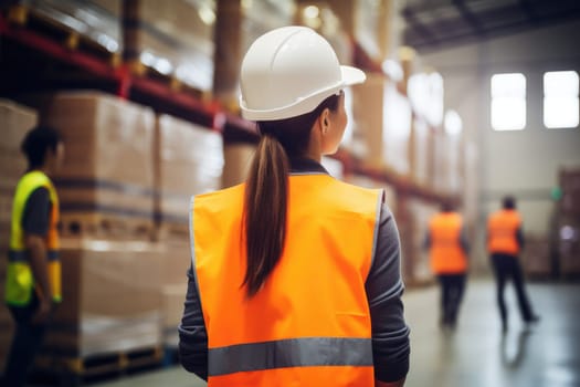 Photo of women in large warehouse taking inventory with tablet, AI Generative.