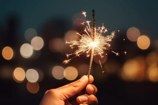 Photo of Hand holding a burning sparkler against fireworks background.