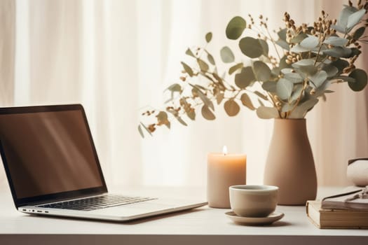 Desk interior style minimal pastel desk with vase and laptop, AI Generative.