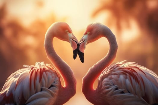 Two flamingos facing each other, heart shaped background. Generative AI.