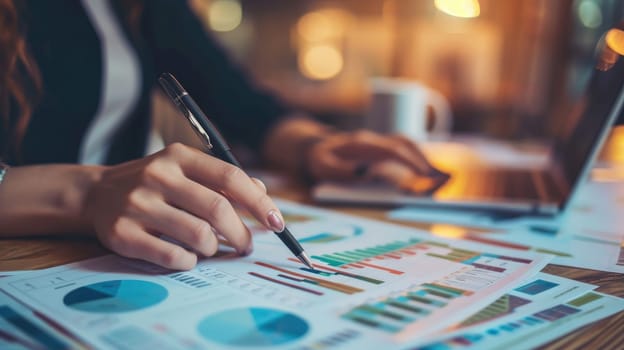 Hands of businesswoman examining graph at desk, Financial advisor and accounting concept.