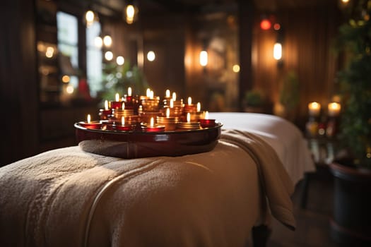 Romantic atmosphere with candles in the spa room, candles and aroma oil in the spa salon.