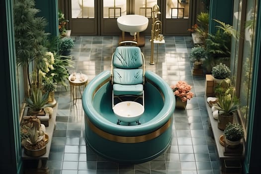 A luxurious green spa salon with a massage chair and a bathtub, a spa salon landscaped with flower pots.