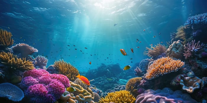 An underwater coral reef scene, diverse marine life, vivid colors, showcasing the beauty and diversity of ocean life. Underwater photography, coral reef ecosystem, diverse marine life,. Resplendent.