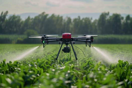 Spraying agricultural chemicals from a drone in the field. Generative AI.