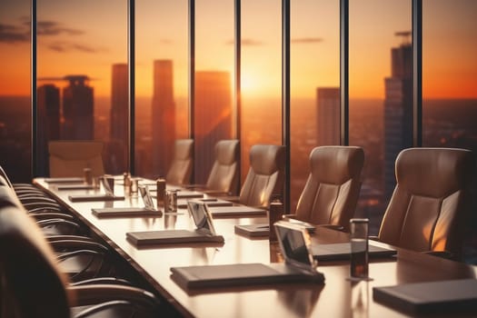 table meeting room desk sunlight and bokeh light at modern office room tower view background.