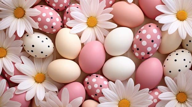Easter holiday background with Easter eggs and daisy flowers, pastel color, AI Generative.
