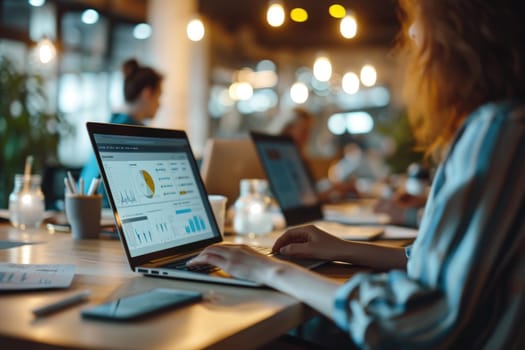 Person using a laptop with financial data with graphs and charts on a laptop computer at workplace.