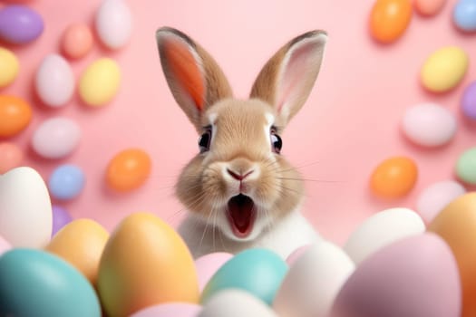 Adorable Easter Bunny With Easter Eggs, colorful Easter eggs, banner and wallpaper, AI Generative.