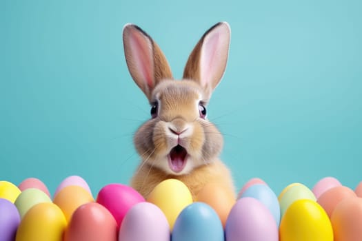 Adorable Easter Bunny With Easter Eggs, colorful Easter eggs, banner and wallpaper, AI Generative.