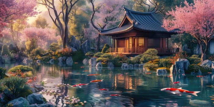 The warm sunset glow reflects on the tranquil waters of a koi pond by a traditional Japanese pavilion, surrounded by the soft pink hues of cherry blossoms. Resplendent.