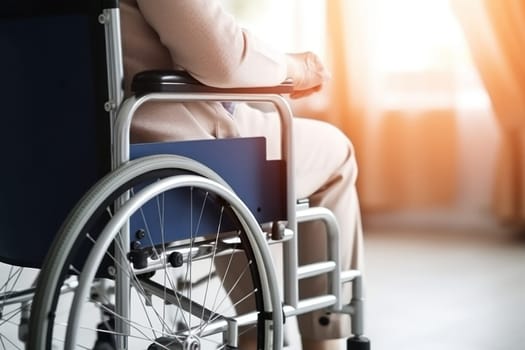 Rear view of an older patient sitting in wheelchair.