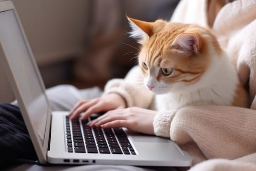 Photo of woman using laptop and cute cat sitting on the keyboard.