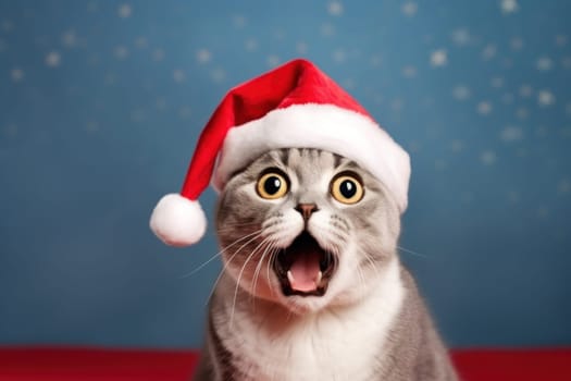 Funny surprised cat with santa hat studio shot isolated bright color background.