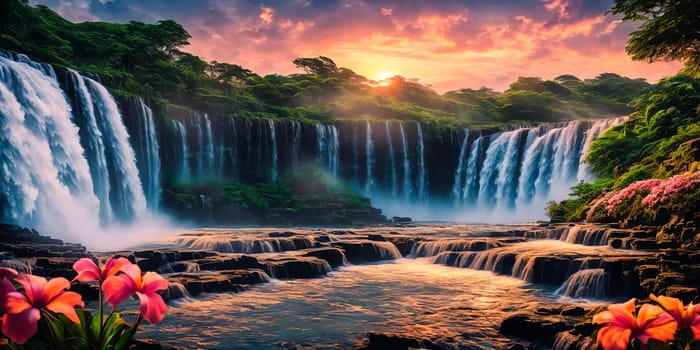 Fantasy landscape with waterfalls, flowers and tropical plants on foreground, panorama. Generative AI