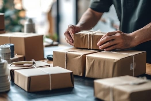 Online shopping young start small business in a cardboard box at work.