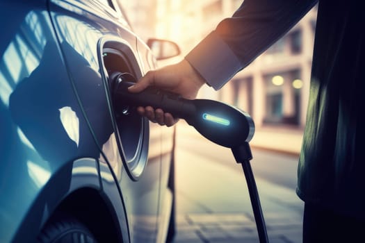 Electric car or EV is charging, Hand inserting EV charging plug to electric vehicle, AI Generative.