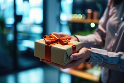 Photo of hands Giving a business gift in an office. Office holiday celebration.