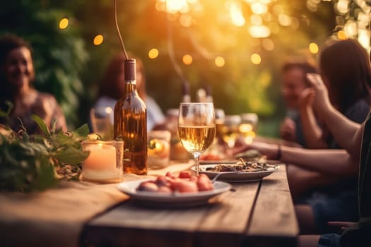 Happy friends having fun outdoor. Group of friends having backyard dinner party together.