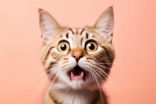 Funny surprised cat studio shot isolated bright color background.