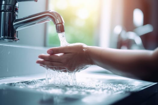 People use soap and washing hands under the water tap. Hygiene concept hand detail.