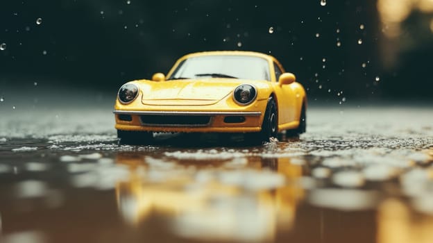 Car wet, A car in the rain the focus is on the tires, Close-up of car tires on wet, AI Generative.