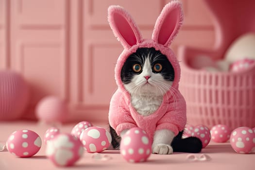 Chubby Black and white cat wearing a pink rabbit costume, with Easter eggs. Generative AI.