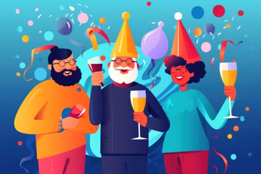 a diverse people wearing colorful party hats Celebrate new year party, illustration.