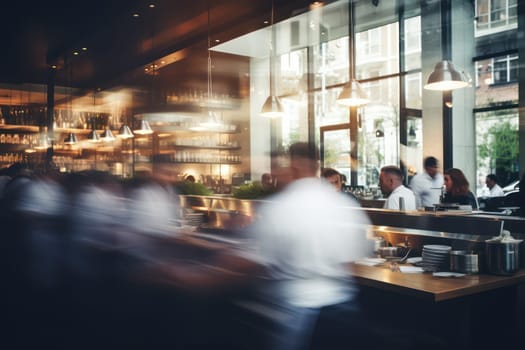 Blurred restaurant background with some people eating and chefs and waiters working. Generative AI.