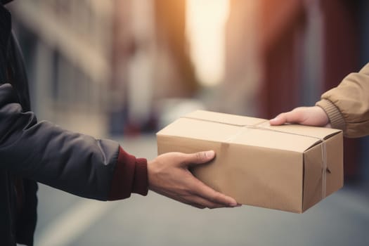 Postman Delivery concept, Delivery man hands giving cardboard package to another hand, AI Generative.