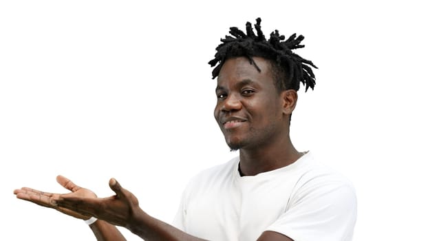 A man, close-up, on a white background, points to the side.