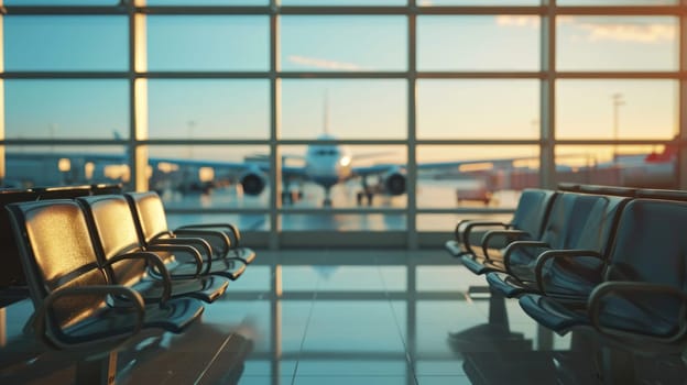 Seats in an airport and see an airplane through the window. Generative AI.