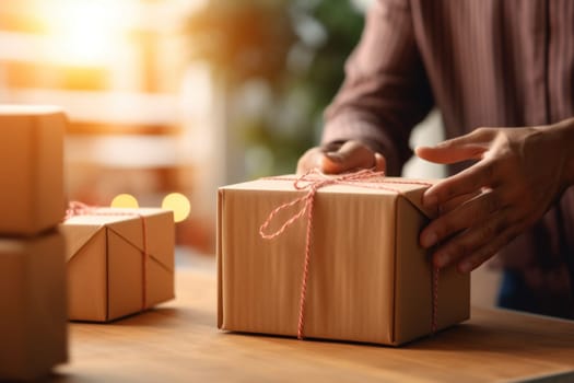 Online shopping young start small business in a cardboard box at work.