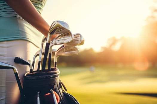 Golfer and Golf Stick Bag over green field background.