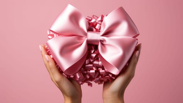 World Cancer Day, breast cancer awareness, Hands catching a pink bow on a pink background, AI Generative.