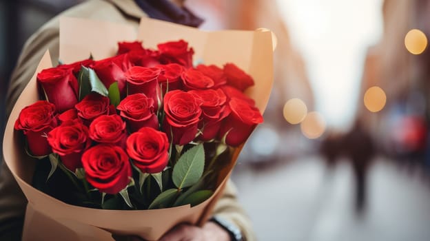 Man with red roses bouquet, Valentines Day, AI Generative.