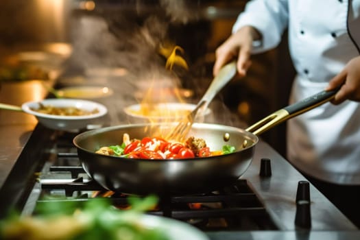 Photo of a professional chef preparing a delicious gourmet dish in a modern kitchen.