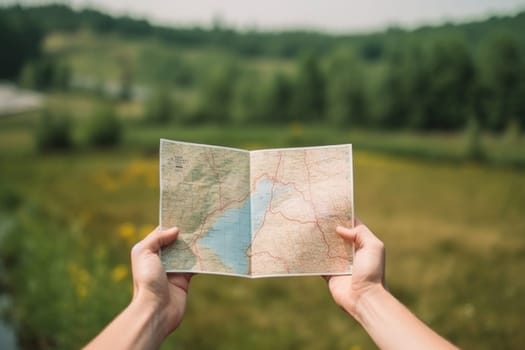 hand holding travel map, natural background, travel concept.