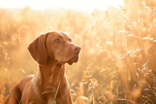 Vizsla dog standing in a field of tall grass during golden hour, with warm sunlight. Generative AI.