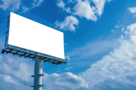 Big billboard blank white, on blue sky background. Generative AI.